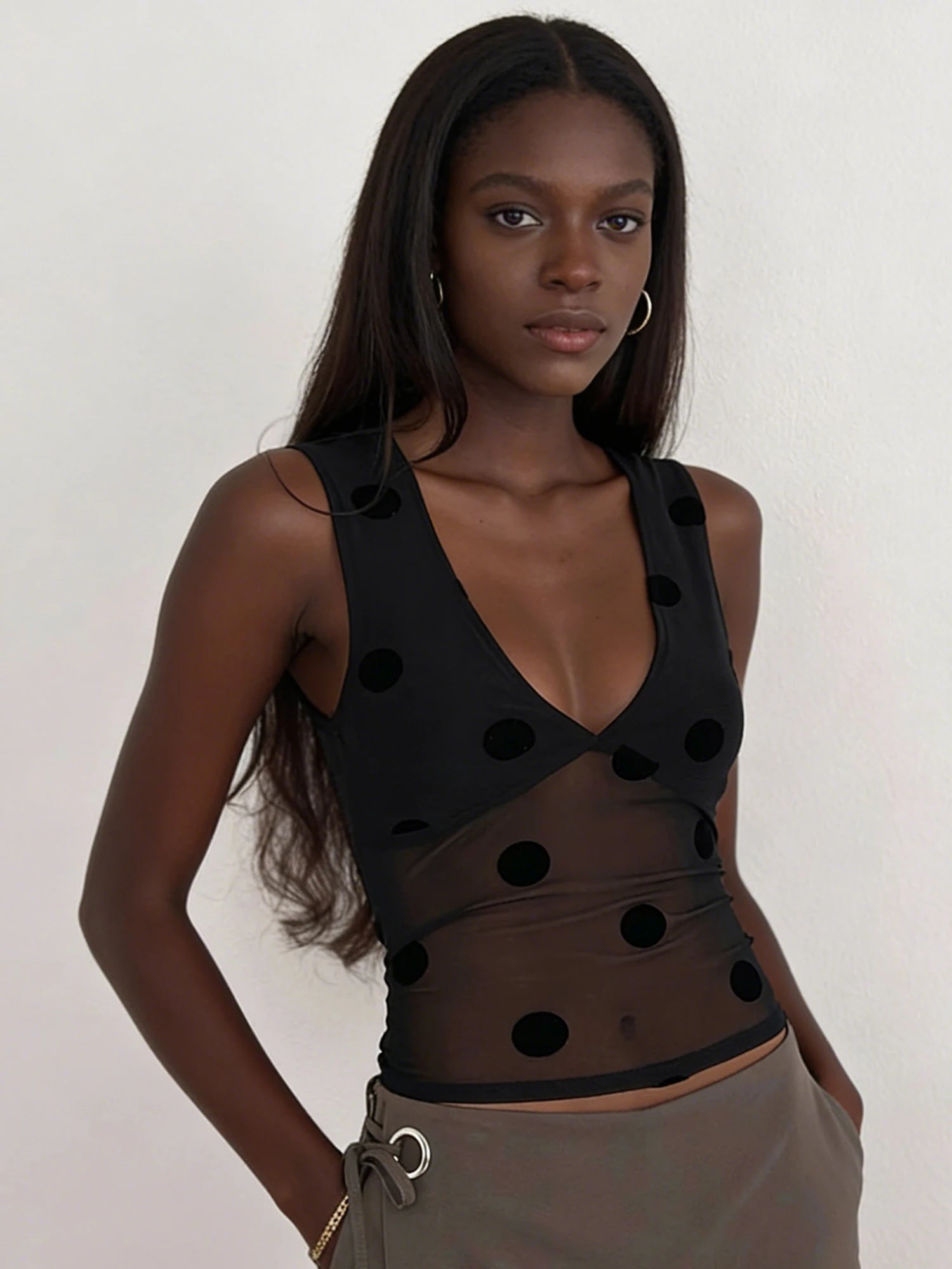 Polka Dot Sheer Mesh Crop Top With Sequins For Women Flirty Tank Blouse Shimmering Lightweight