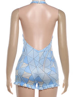 Fashion Rompers Woman Plaid Patchwork Halter Low-Neck Backless Sleeveless Ruffles Sexy Playsuit