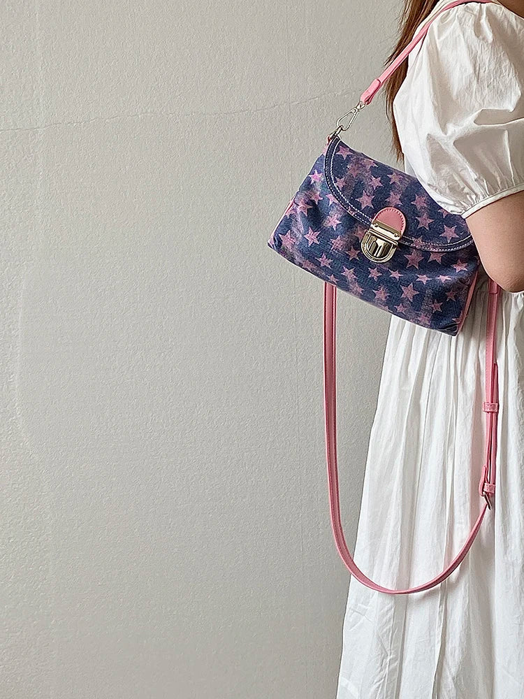 Contrast Color Star Print Crossbody Bag for Women Lightweight Shoulder Purse With Buckle