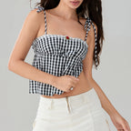 Sweet Open Back Camisole With Shirred Tie Up Spaghetti Straps Lace Trim And Square Neck
