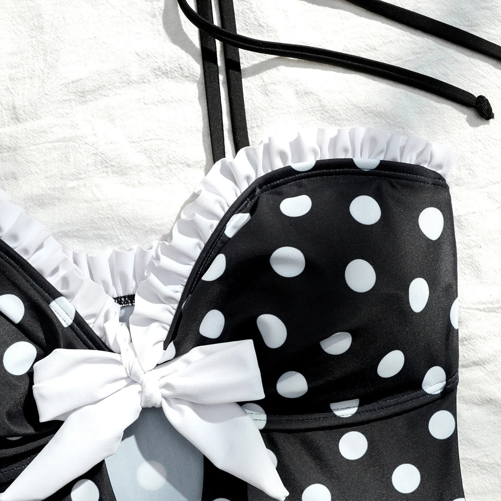 Vintage Black Polka Dot One Piece Swimsuit With Hollow Out Front And Bow Ruffle Lace Trim