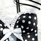 Vintage Black Polka Dot One Piece Swimsuit With Hollow Out Front And Bow Ruffle Lace Trim