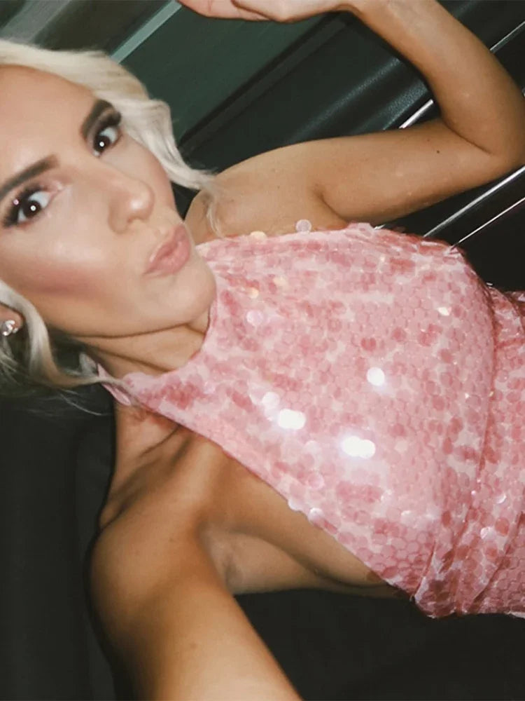Glam Sequin Halter Mini Dress Backless Party Gown