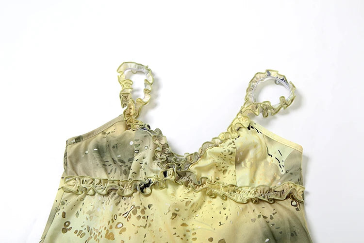 See Through Two Piece Set With Ruffles Patchwork Camisole And Tiered Skirts