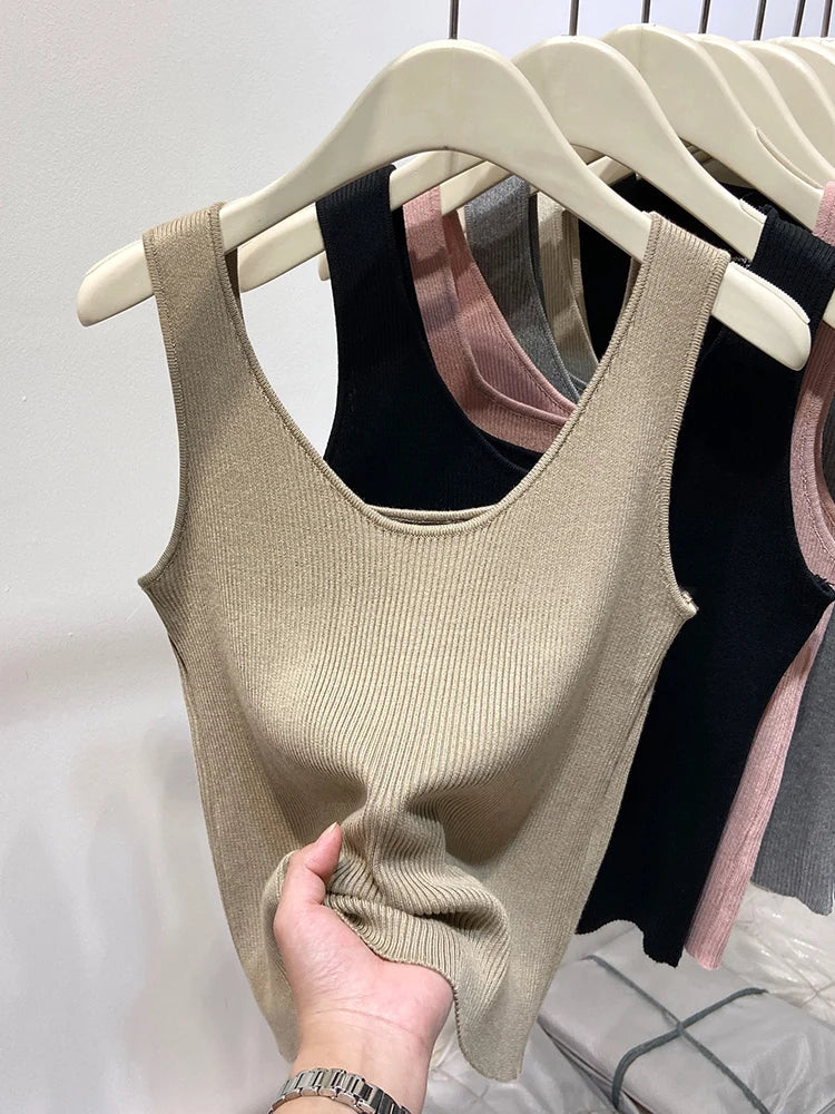 Knitted Strap Top With Clavicle Square Collar