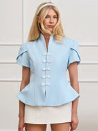 Blue Stand Collar Puff Sleeve Blazer Single Breasted