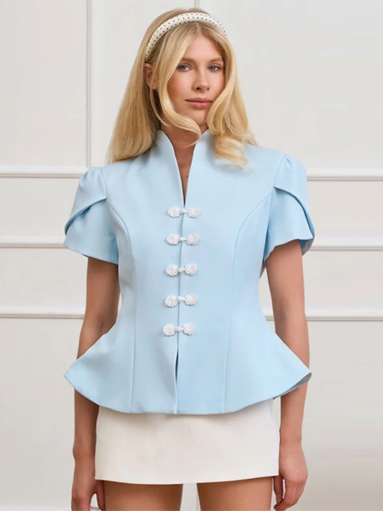 Blue Stand Collar Puff Sleeve Blazer Single Breasted