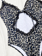 Midnight Patchwork One Piece Swimsuit With Lace Trim Front Tie Hollow Out Design