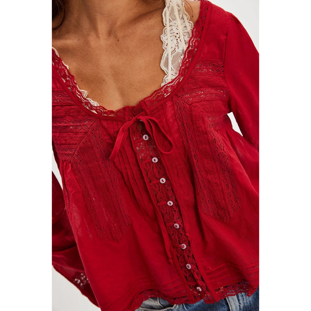 Dreamy Lace Patchwork Sheer Long Sleeve Blouse With Square Neck And Tie Front Crop Top