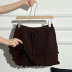 Patchwork Knit Mini Skirt With High Waist Ruffle And Hollow Out Details