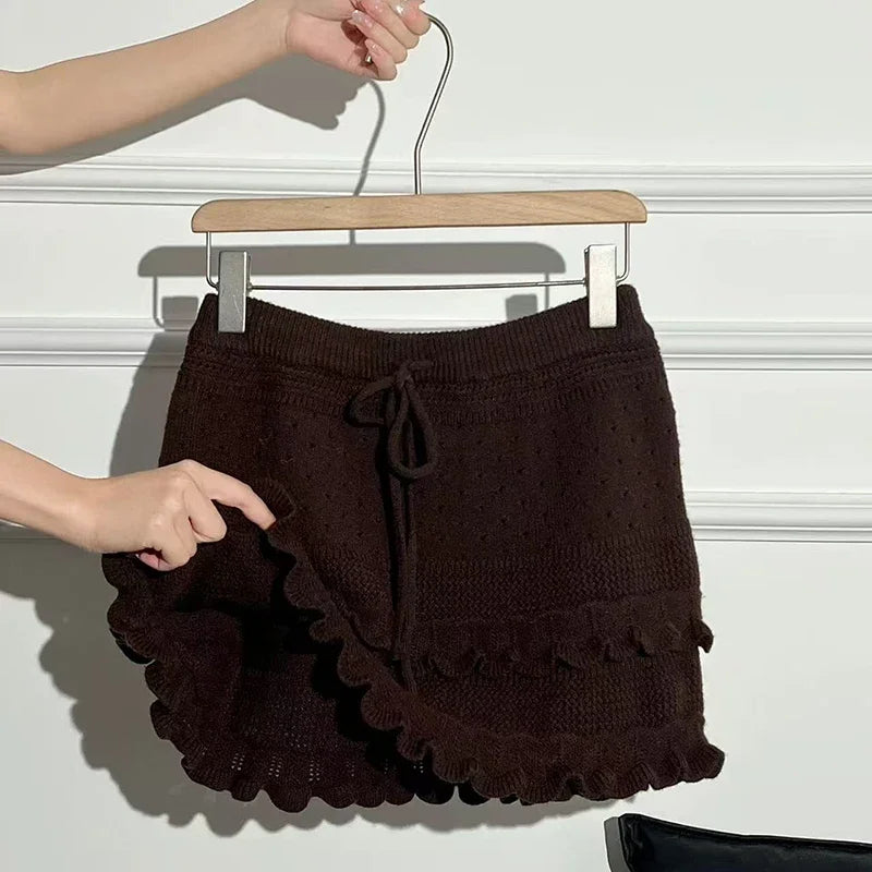 Patchwork Knit Mini Skirt With High Waist Ruffle And Hollow Out Details