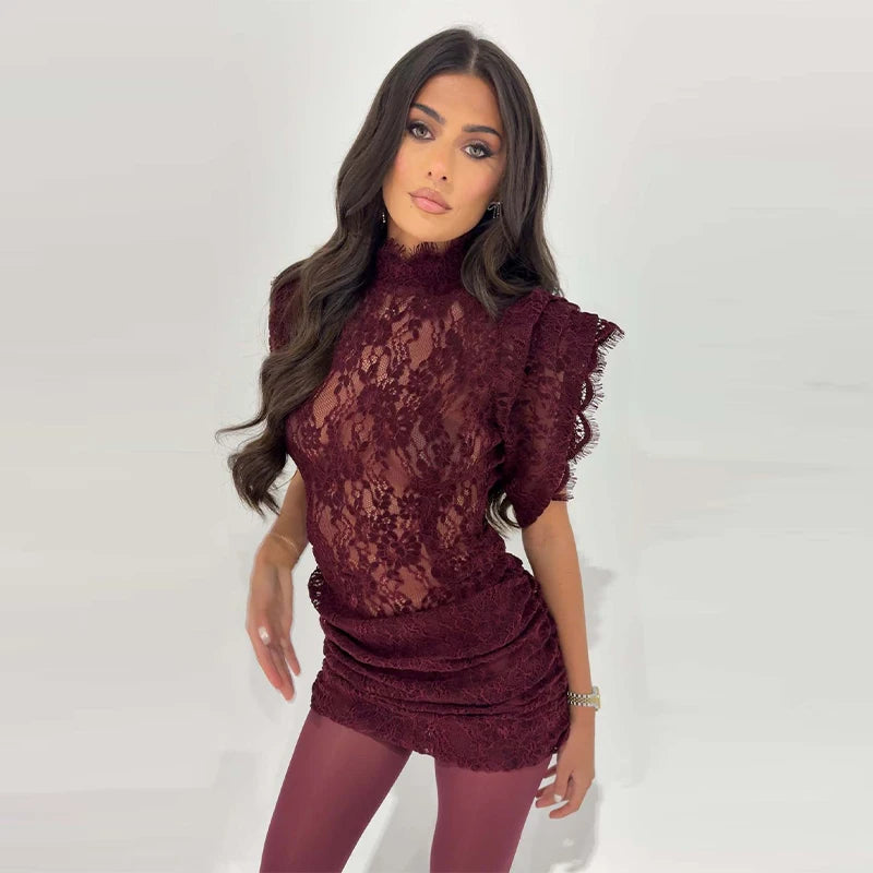 Lace Sheer Party Dress With Pleated Patchwork And Flutter Sleeves For Elegant Evenings