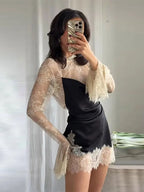 Lace Patchwork Mini Dress With Vintage Contrast Slim Long Sleeves
