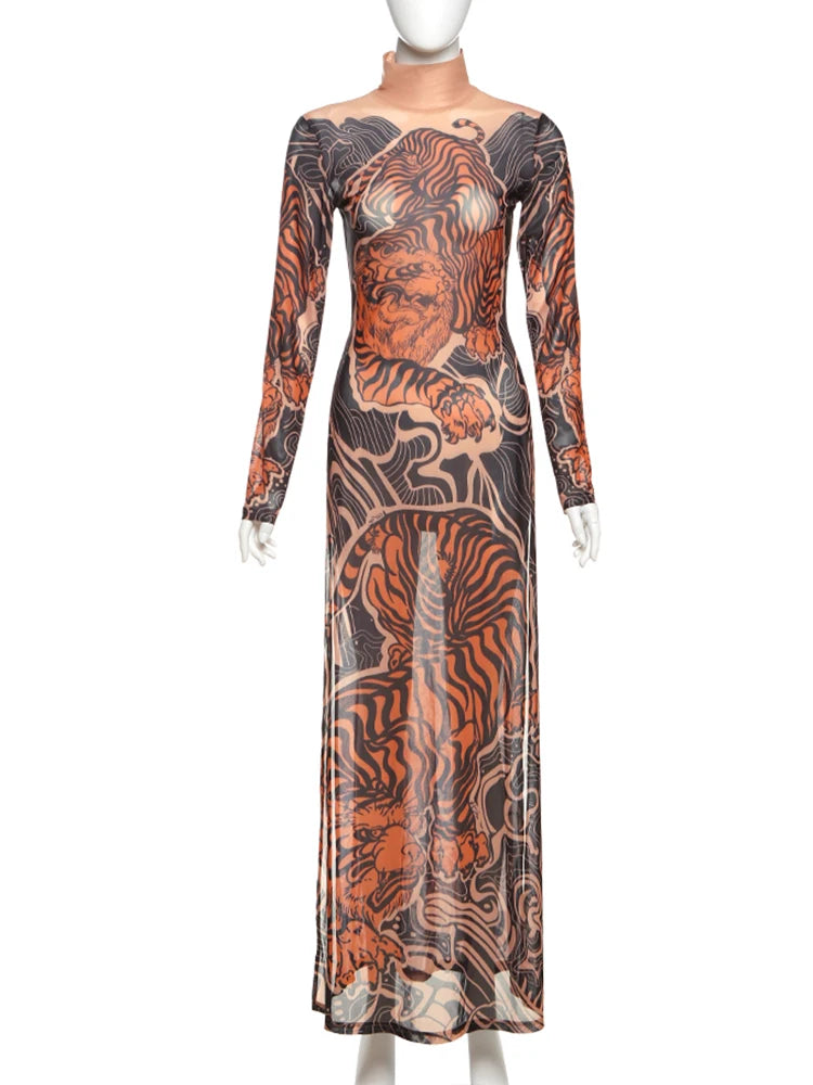 Tiger Print Sheer Long Sleeve Top With High Neck And Slits Street Style
