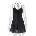 Black Lace See-Through Mini Lace-Up Contrast High Waist Backless Slim Dress