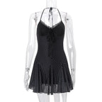 Black Lace See-Through Mini Lace-Up Contrast High Waist Backless Slim Dress