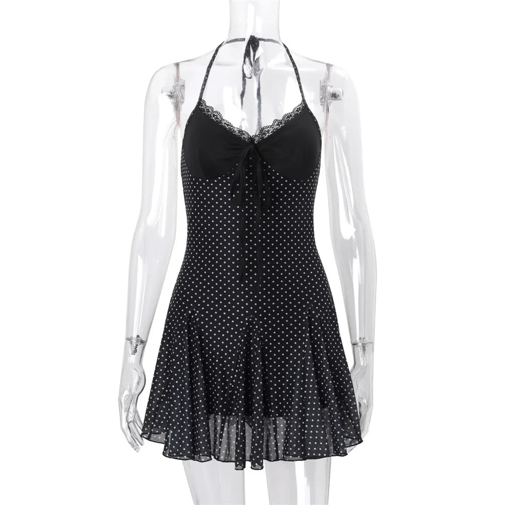 Black Lace See-Through Mini Lace-Up Contrast High Waist Backless Slim Dress