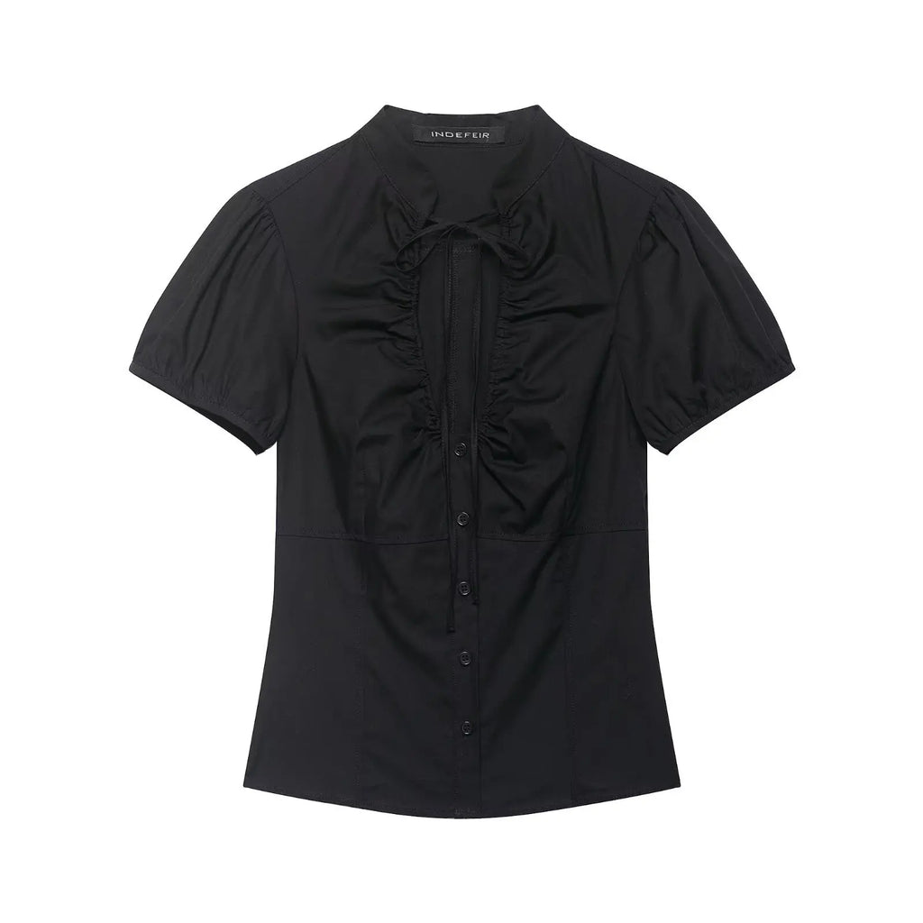 Lace Up Bow Puff Sleeve Crop Top With V Neck For Women