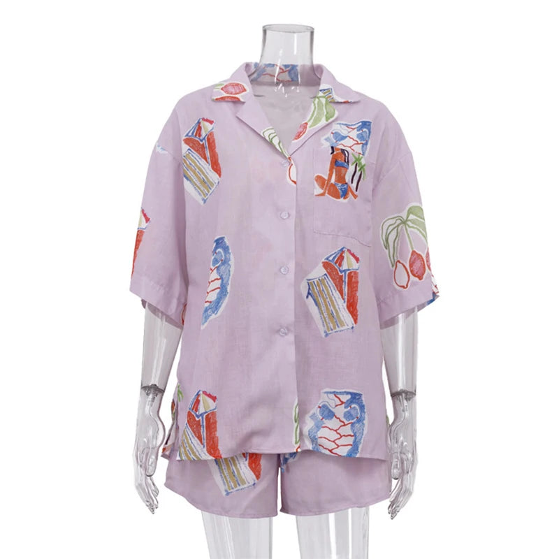 Dreamy Abstract Print Camp Collar Shirt And Shorts Matching Set