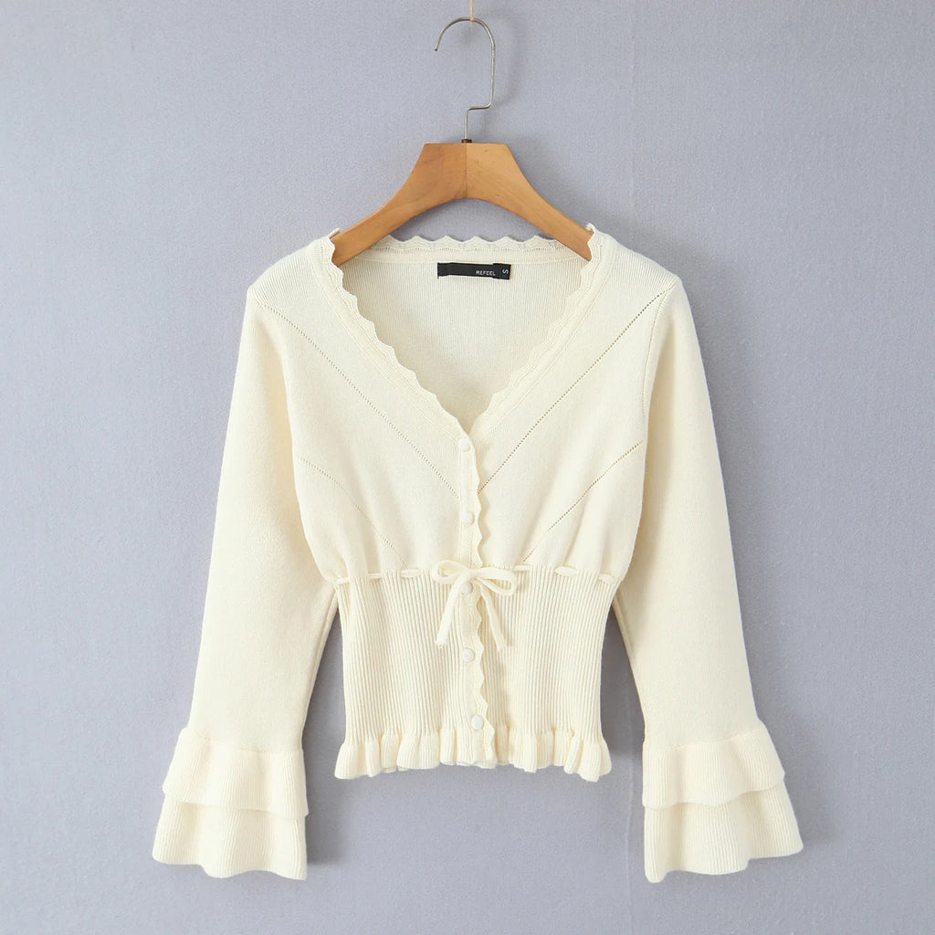 Hollow Crochet Knit Cropped Sweater in Beige and Red Long Sleeve Knit Top for Women