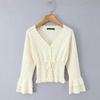 Hollow Crochet Knit Cropped Sweater in Beige and Red Long Sleeve Knit Top for Women