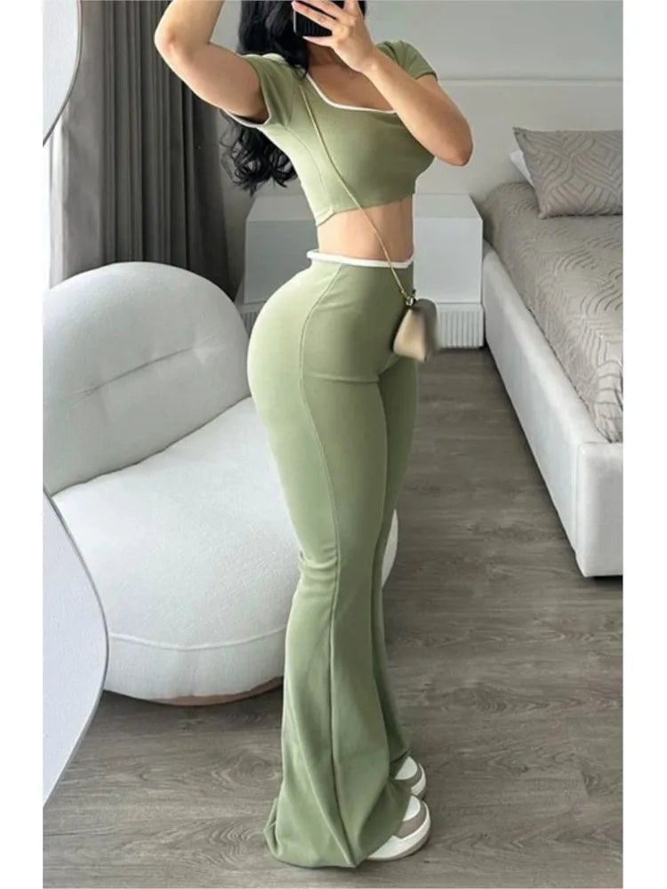 Sexy Slim Two Piece Set For Women Short Sleeve Square Collar Top High Waist Pants