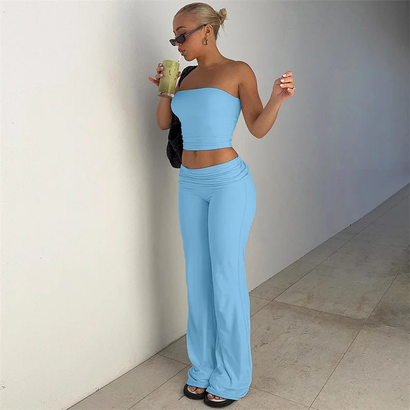 Strapless Crop Top And High Waist Ruched Flare Pants Set