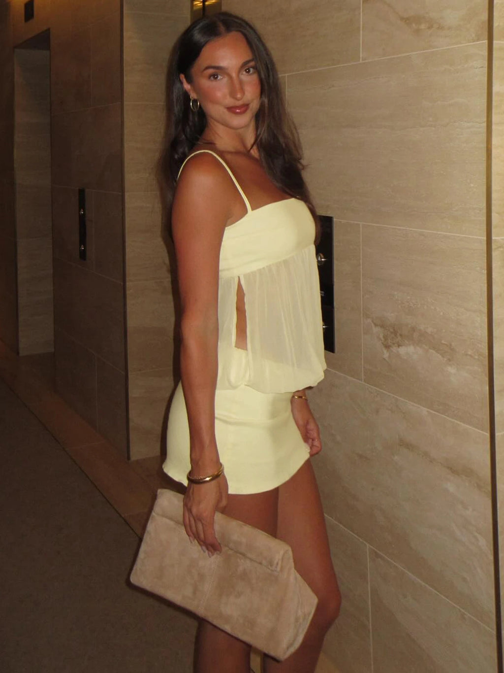 Backless Chiffon Patchwork Suspender Mini Dress With Sheer Panels