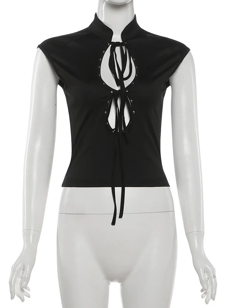 Rivets Decoration Top Stand Collar Navel Exposed Bandage Look Edgy Chic High Street Fashion