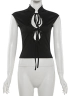 Rivets Decoration Top Stand Collar Navel Exposed Bandage Look Edgy Chic High Street Fashion