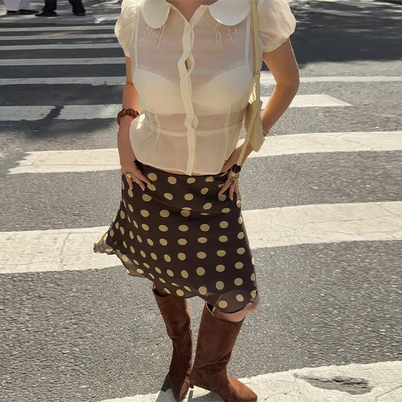 Polka Dot Satin Mesh Midi Skirt With High Waist A Line
