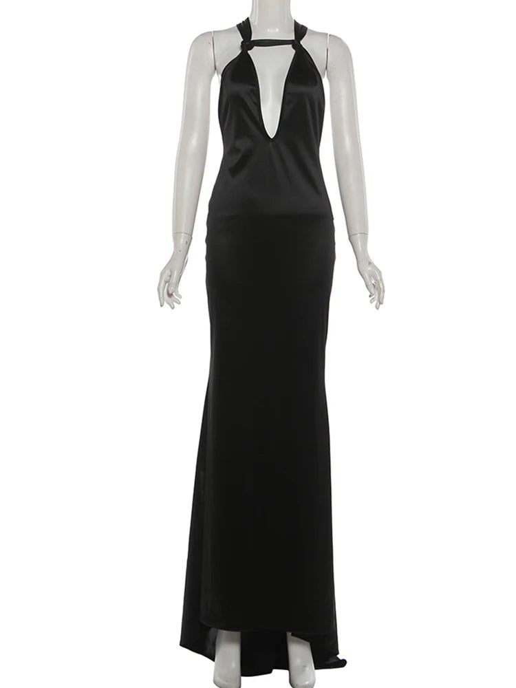 Silky Satin Evening Gown With Low Neck Backless Design Sleeveless Maxi Dress