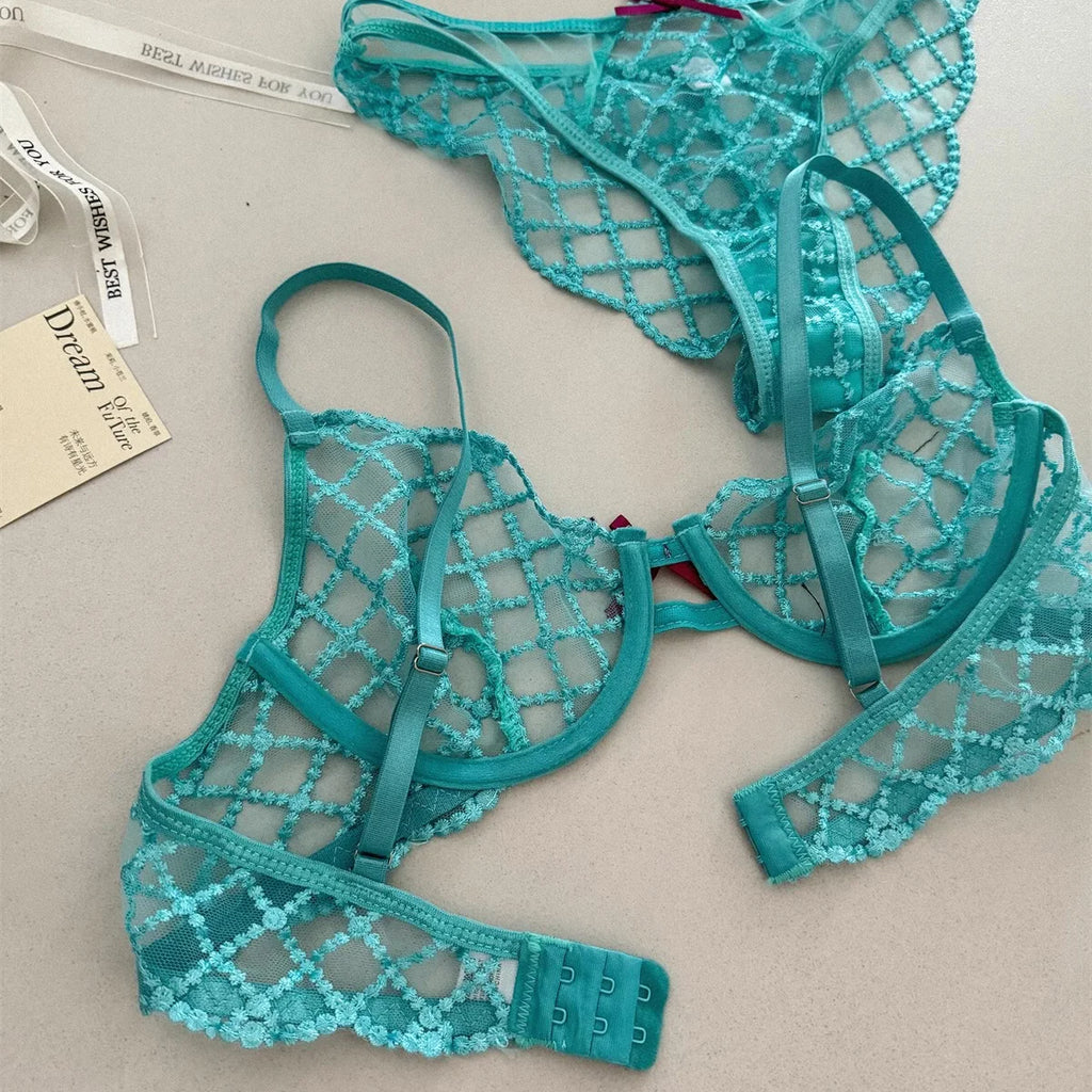 Lace Ultra-Thin Push-Up Bra Panty and Garter Set in Blue Transparent Lattice