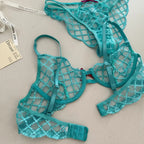 Lace Ultra-Thin Push-Up Bra Panty and Garter Set in Blue Transparent Lattice