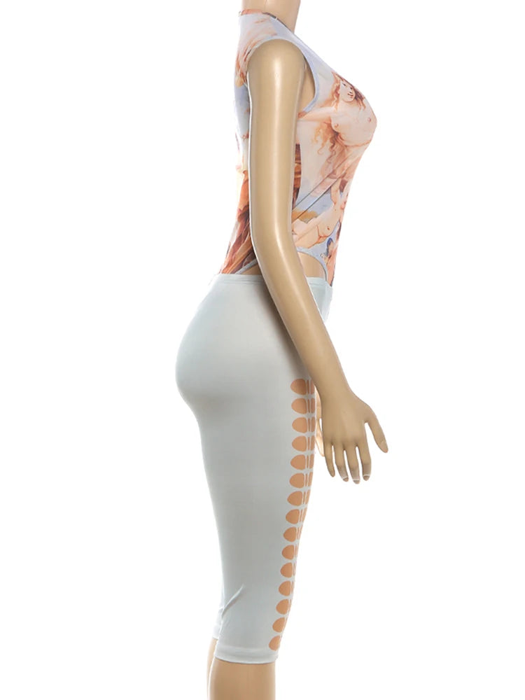 Vibrant Colorful Print Two Piece Summer Set With Sleeveless Bodysuits And Peach Shorts