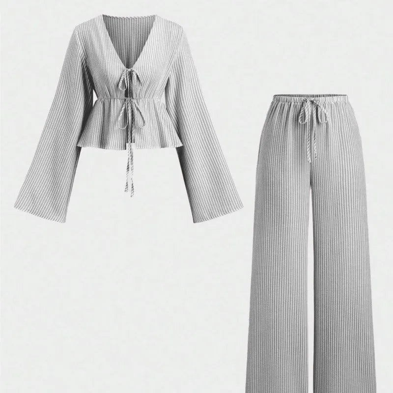 Striped Lace Up Two Piece Set V Neck Top And Elastic Waist Pants