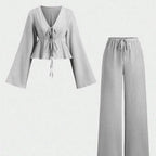 Striped Lace Up Two Piece Set V Neck Top And Elastic Waist Pants