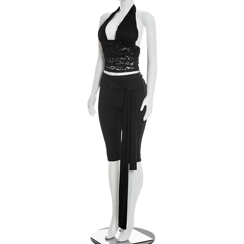 Halter Crop Top two piece Set With Patchwork Pants