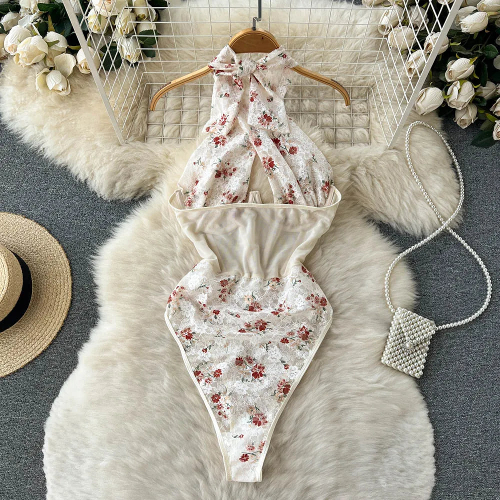 Floral Halter With Mesh Bodysuit
