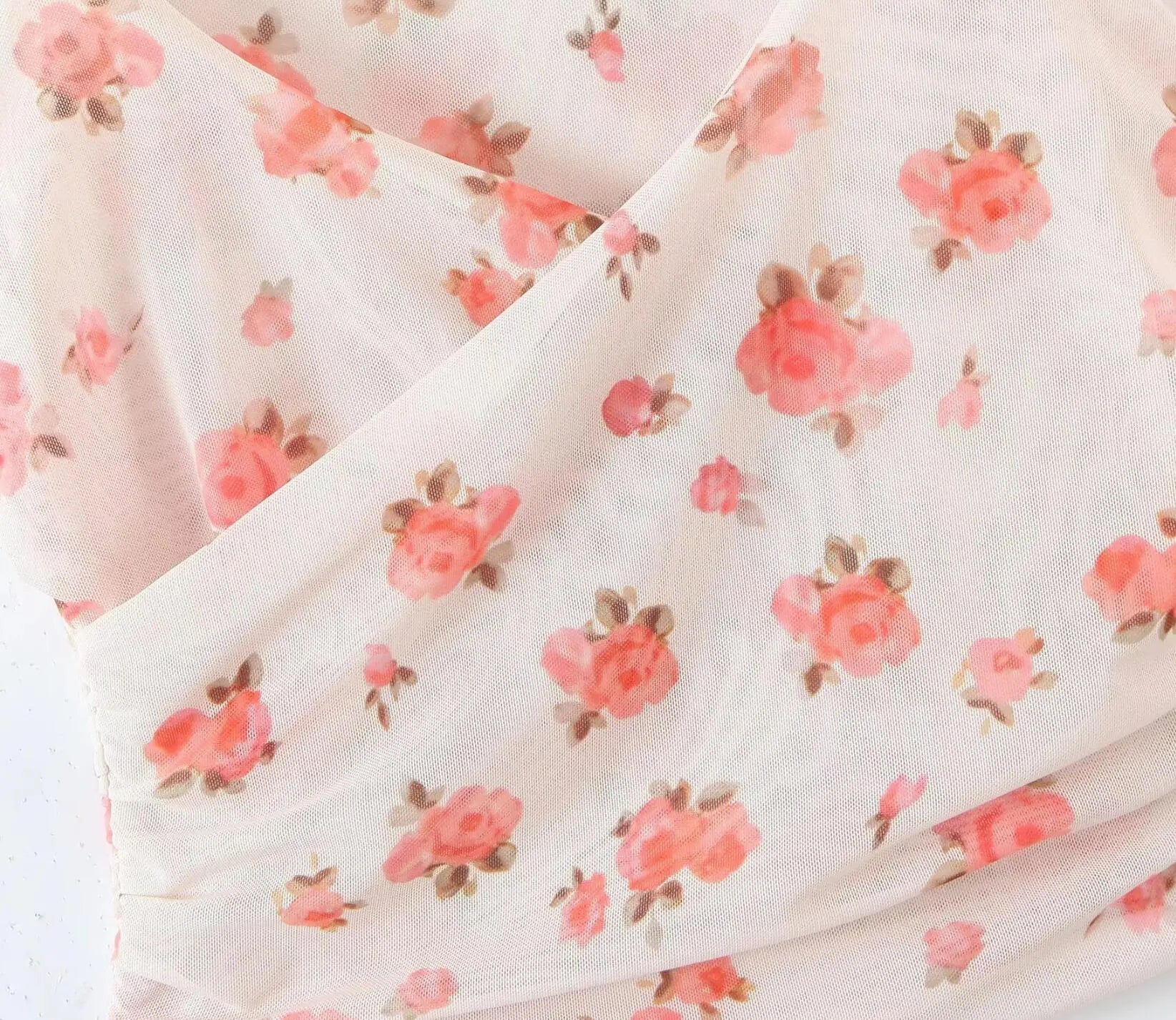 Apricot Floral Mesh Tank Top With V Neck And Ruched Corset Silhouette Sleeveless Crop Cami