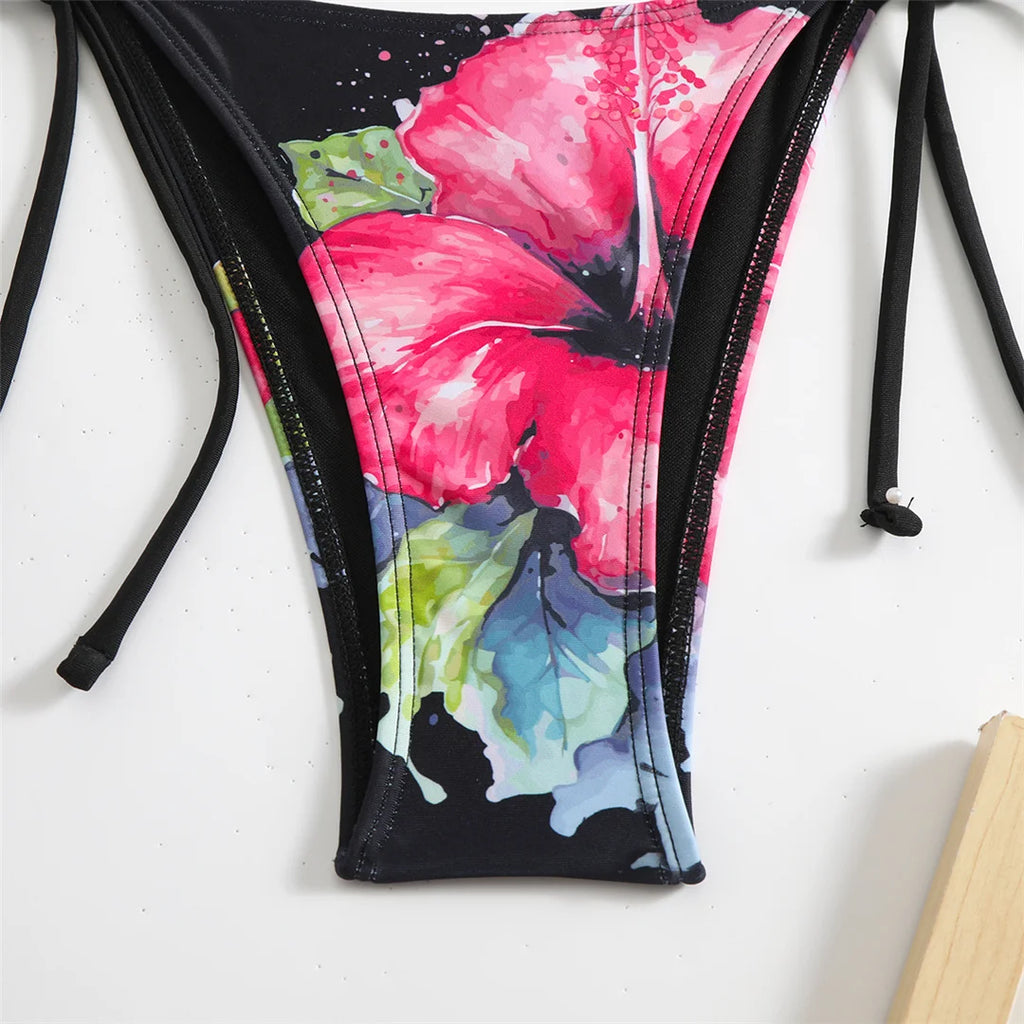 Flowers Printed With Skirt Halter Bikini Three-pieces Bikini set