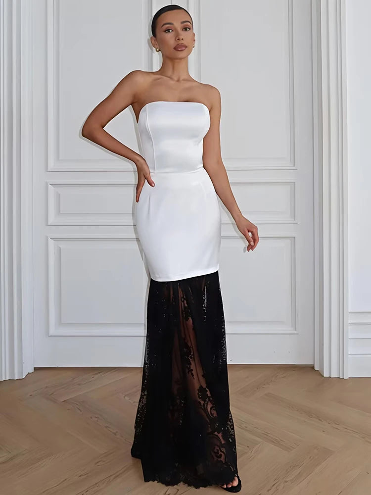 Satin Strapless Maxi Dress Off Shoulder Backless