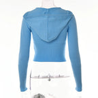 Ribbed Knit Two Piece Tracksuit Set With Hooded Crop Top And Elastic Zippered Pants