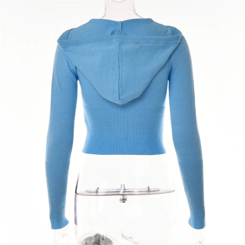 Ribbed Knit Two Piece Tracksuit Set With Hooded Crop Top And Elastic Zippered Pants
