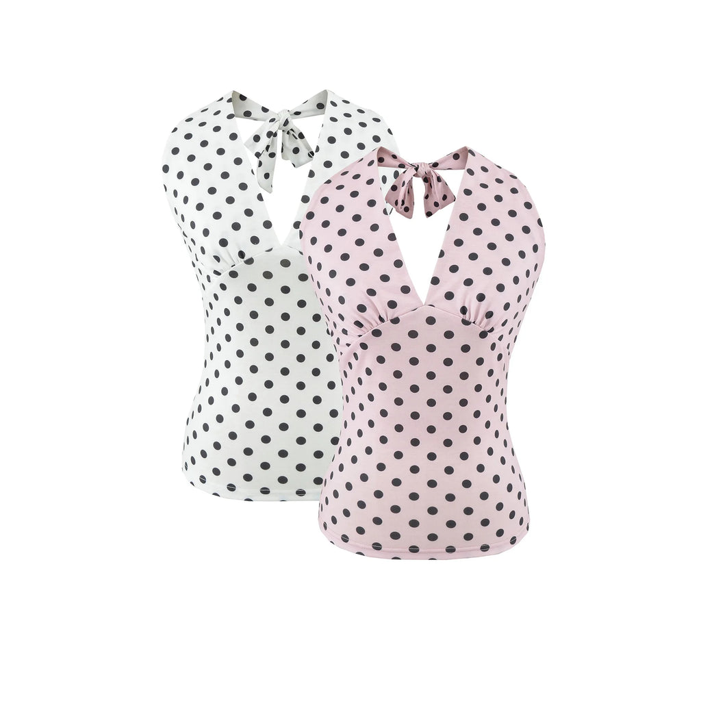Hot Girl Spicy Two-Piece  Retro Polka Dot Necktie Top Satin High Waist Short Skirt Set