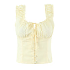 Radiant Bow Accent Ruched Bust Tank Top With Open Button Front And Rope Laced Waist Mini Skirt Set