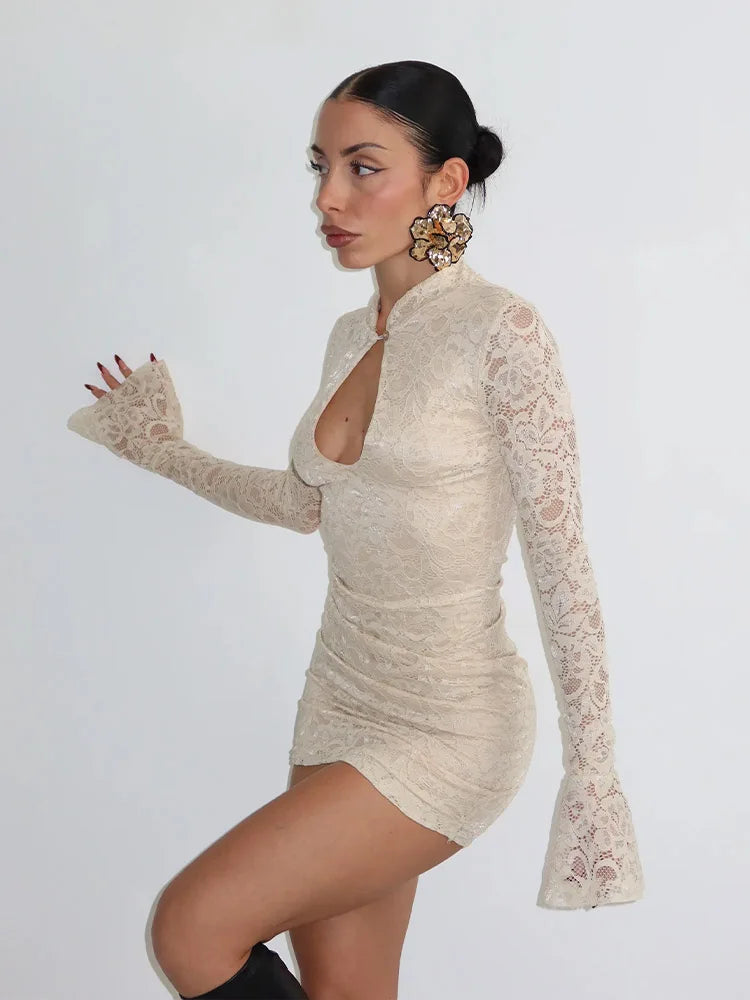 Sexy Lace Mini Dress With Sheer Panels Hollow Out Details Turtleneck Flare Sleeves Bodycon Style