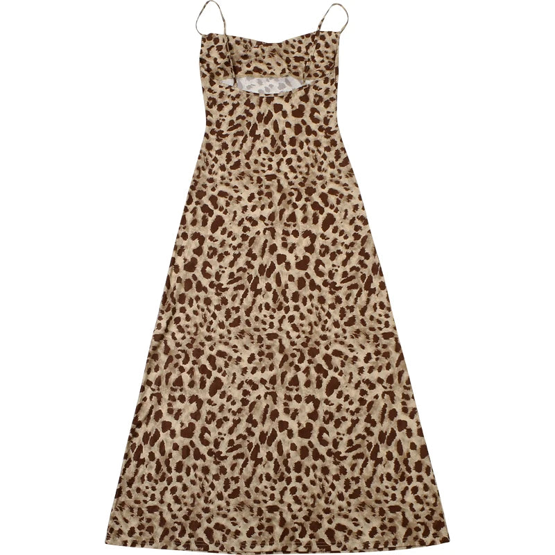 Leopard Print Spaghetti Strap Backless Dress With Ruffle Hem