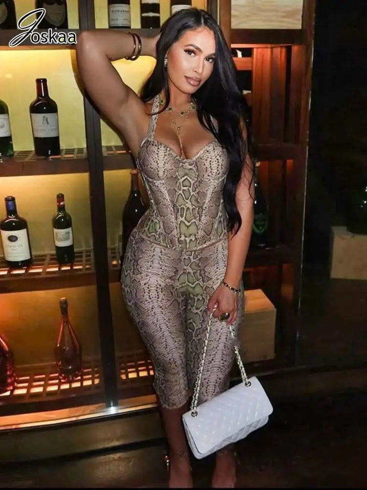 Snake Print Backless Halter Tank Top And Capri Set For Bold Retro Nightlife Style Vibe