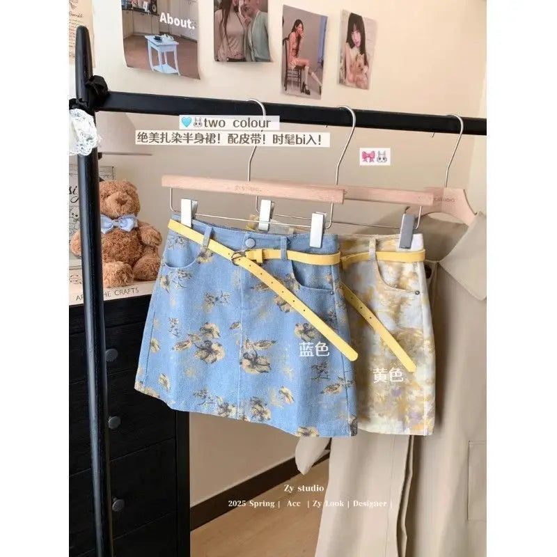 Retro Tie-Dye Denim A-Line Skirt With High Waist